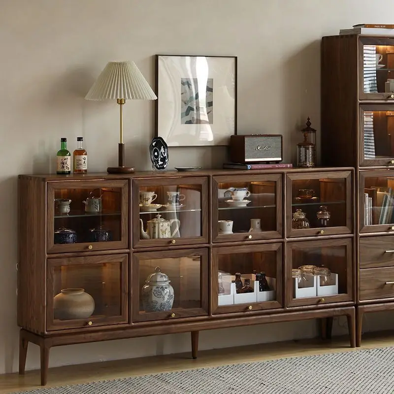 All solid wood tea set, porcelain glass with lamp display case, black walnut sliding door bookcase,restaurant wine cabinet