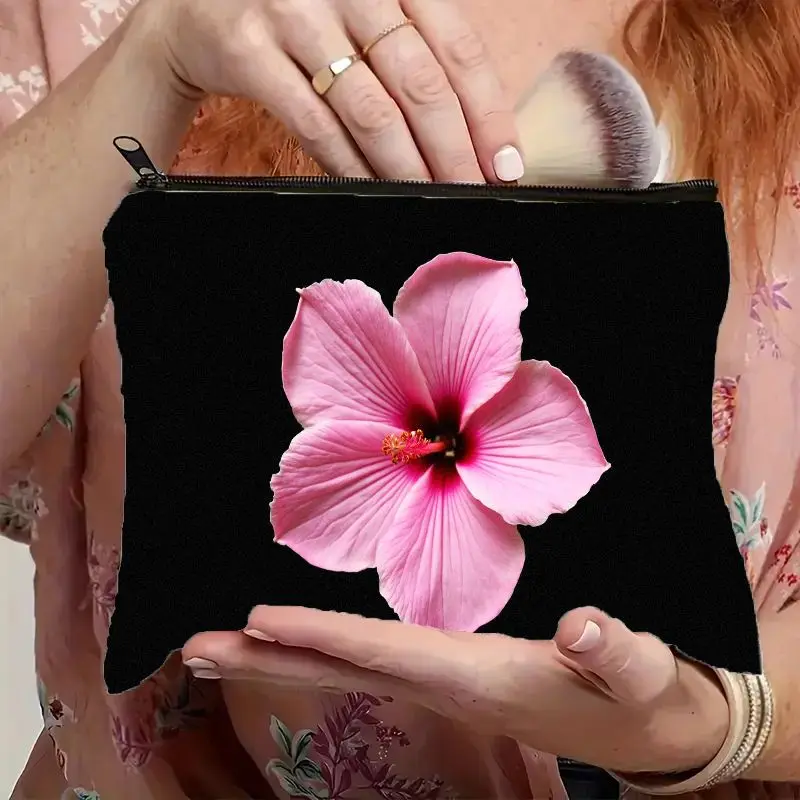 1 Piece Pink Hibiscus Flower Makeup Bag for Women and Girls - Elegant Black and Pink Tropical Print - Multifunctional Zipper Pouch for Women, Perfect Travel Zipper Storage Bag, Fun Birthday Gift