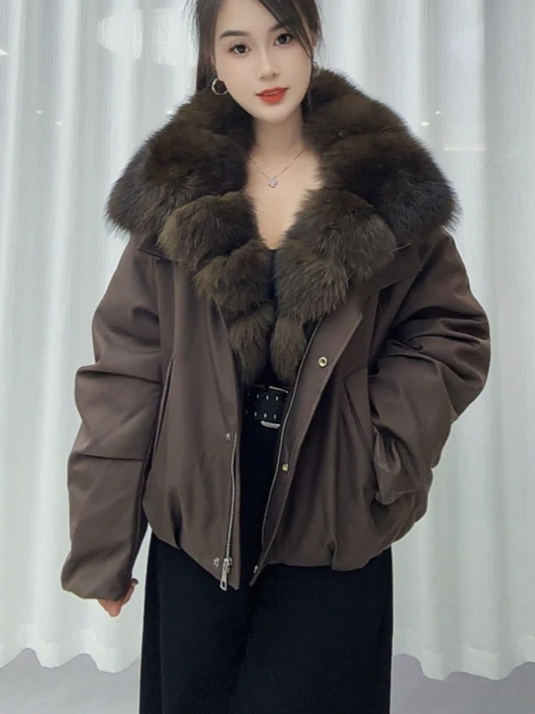 Women's Oversized Longline Down Jacket Winter Genuine Fur Jacket Refined Texture Down Padding for Daily Fashion Occasion Warm