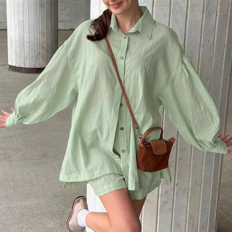 

2026 European American Autumn New Loungewear Green Pure Cotton Jacquard Breathable Loose Fit Long Sleeve Shorts Pajamas XLSet