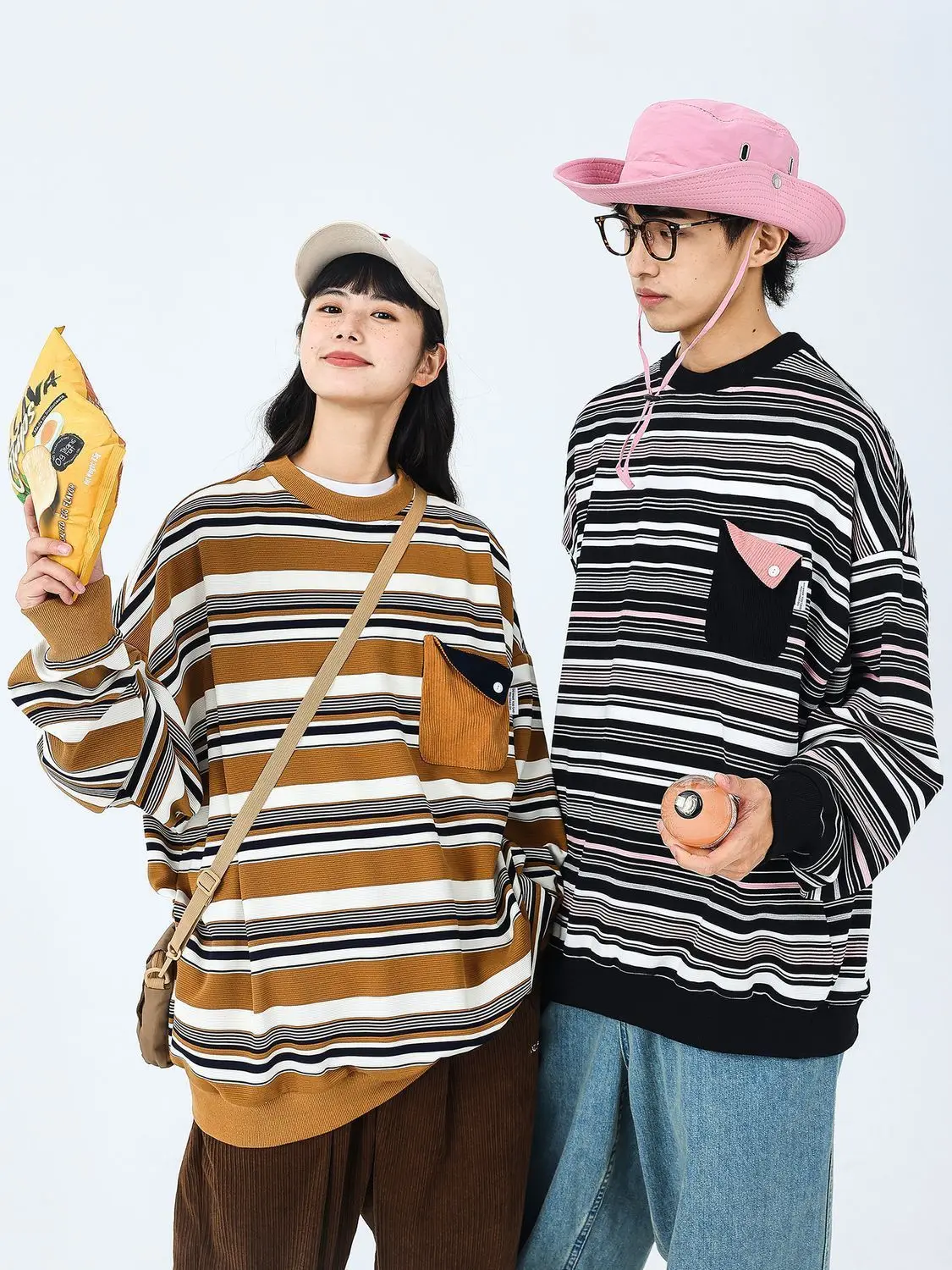 Trendy Autumn Korean New Patchwork Pocket Striped Sweatshirts for Men and Women Personalized Round Neck Couple Long-sleeved Tops