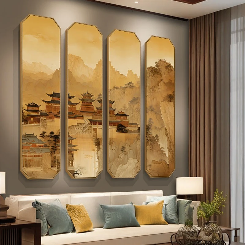 

Quadruple sofa background wall painting ancient architectural octagon tea room hanging painting