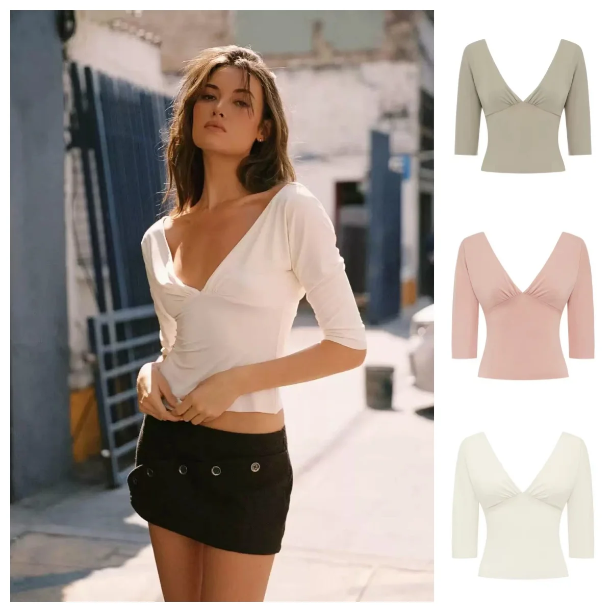 With Je Niche Design V-Neck Mid-Sleeve Slim-Fit Sexy Crop Top, Bodycon & Waist-Cropped for a Flattering Figure