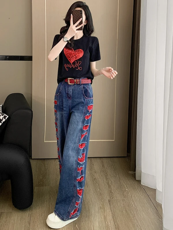 Fashionable Hong Kong Style Women's Slimming Black Short Sleeve T-Shirt Wide Leg Jeans Two-Piece Set Comfortable Cotton Summe... view 4
