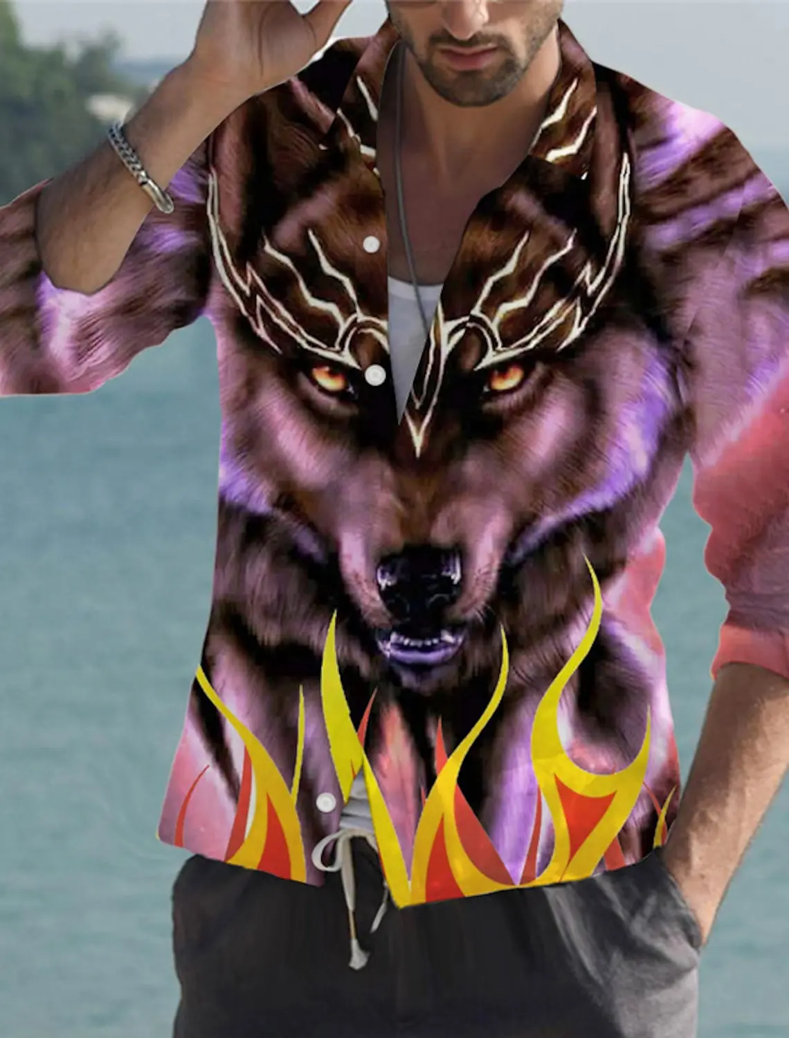 2024 New Men's Wolf Shirts 3D Prints Clothes Animal Button Long Sleeve Lapel Streetwear Shirt for Men Blouse casual Shirt