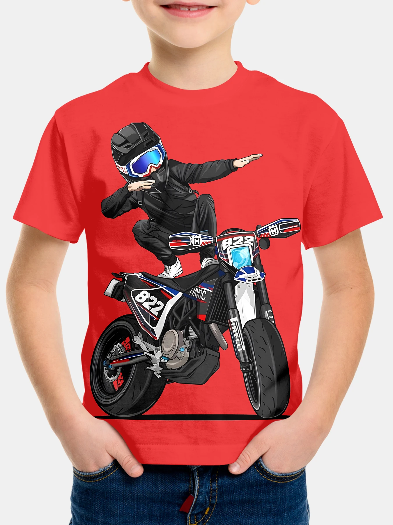 

Boys'Cool motorcycle summer round neck short sleeved T-shirt, casual lightweight and comfortable top, 3D printed