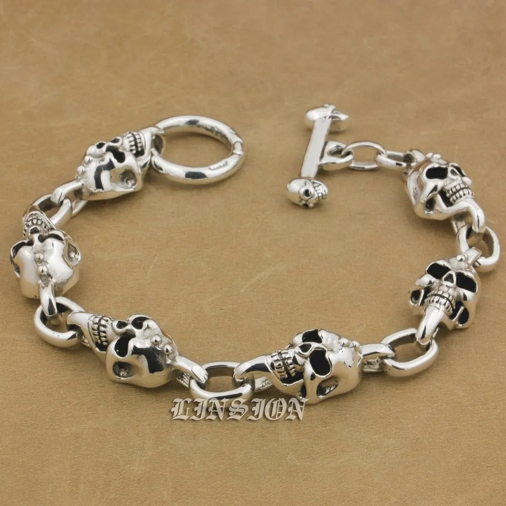 

Unique 925 Sterling Silver Skull Bracelet Mens Biker Punk Jewelry 9N022