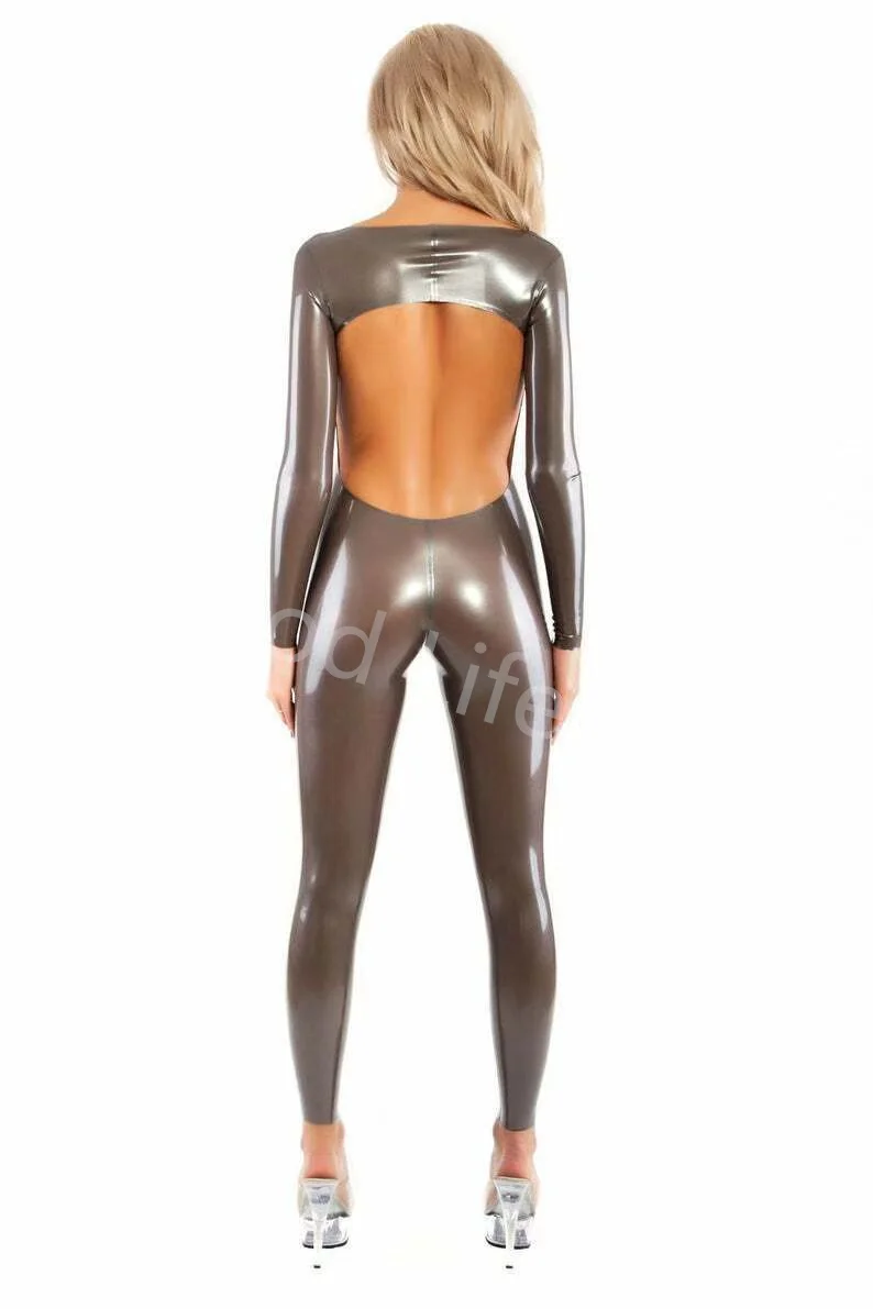 Gummi 100% Handmade Latex Long Sleeves Open Back Catsuit Rubber Ｗomen's Tight Suit with Front Zip Jumpsuit