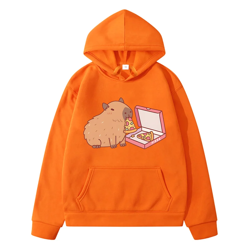 Cute Capybara Eat Pizza Cartoon Hoodies Kids Long Sleeve Autumn/Winter Warm Sweatshirts with Pocket Cartoon Boys and Girls Tops