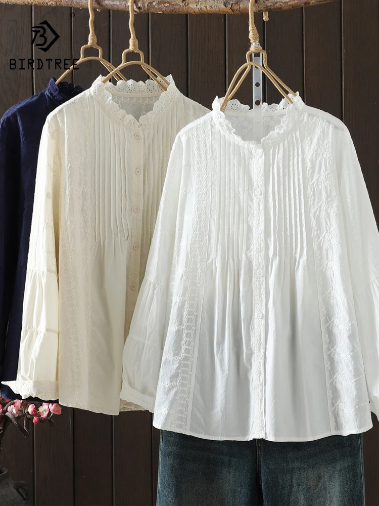 

New 2025 Autumn Cotton Long Sleeve Shirt, Women Ruffled Folds Embroidery, Mori Girl French Age Reduction Loose Blouse T5N156CC