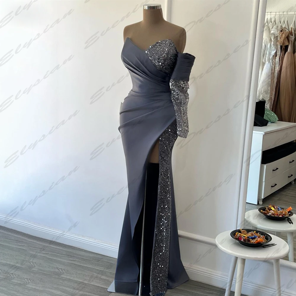 Elegant Gorgeous Satin Evening Dresses For Women Fashion Sexy Off Shoulder High Slit Female Simple Slimming Mopping Prom Gowns