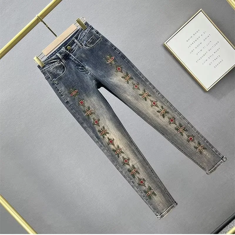 Lente Herfst Nieuwe Geborduurde Jeans Broek Dames Hoge Taille Slanke Hot Boren Potlood Broek Dames Casual Denim Broek Broek