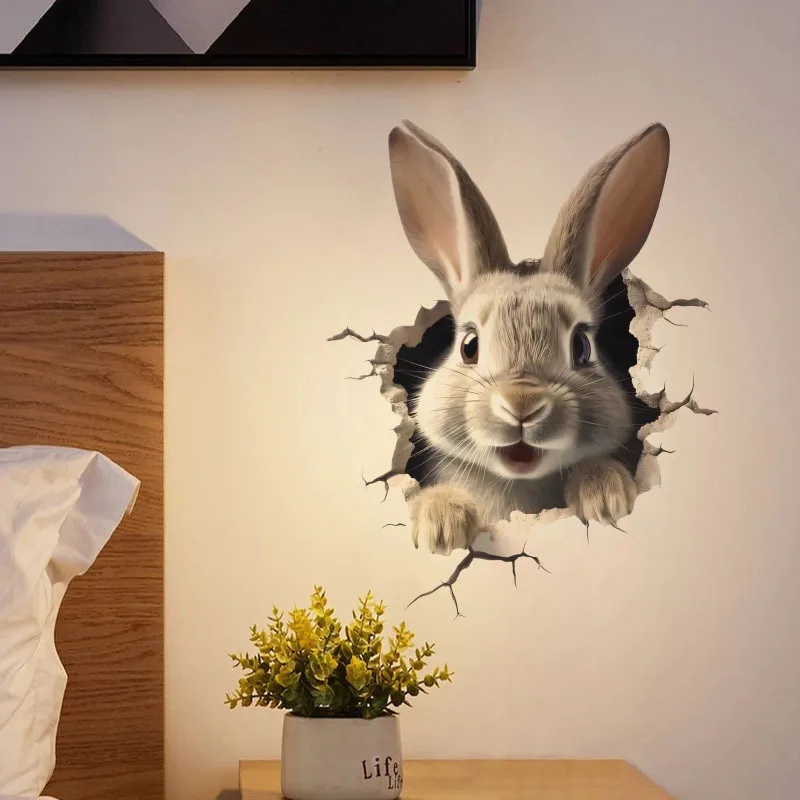 Funny Animal Wall Decals, 3D Peeking Bunny Through Broken Wall Peel and Stick Wall Stickers, Living Room Kids Room Wall Art Deco