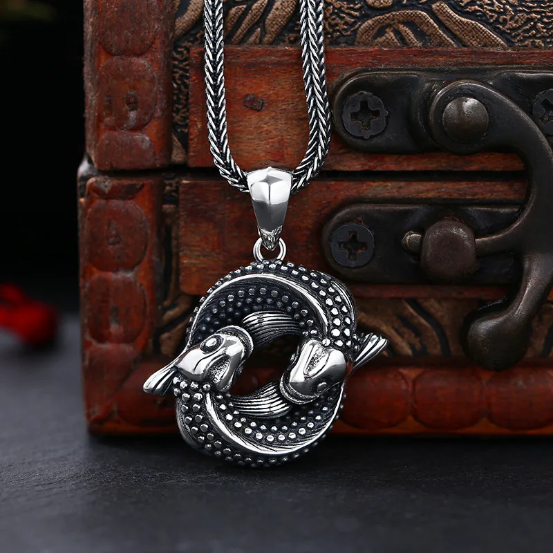 Wholesale 925 sterling silver pendant, koi fish necklace pendant, Pisces men's Thai silver vintage antique antique jewelry