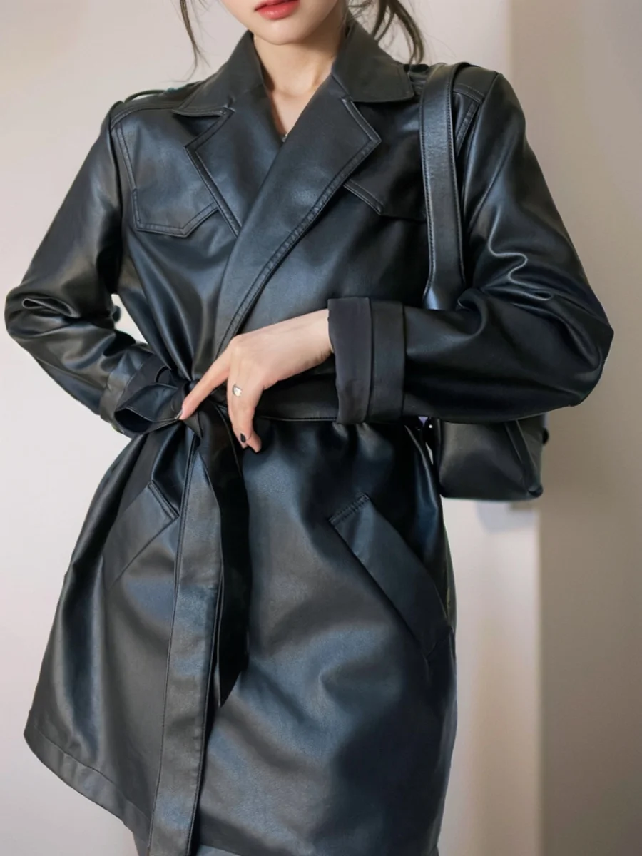 Black Leather Jacket Women's Autumn Winter New Korean Fashion Slim PU Coats Temperament Mid-length Suit PU Outerwear with Belt