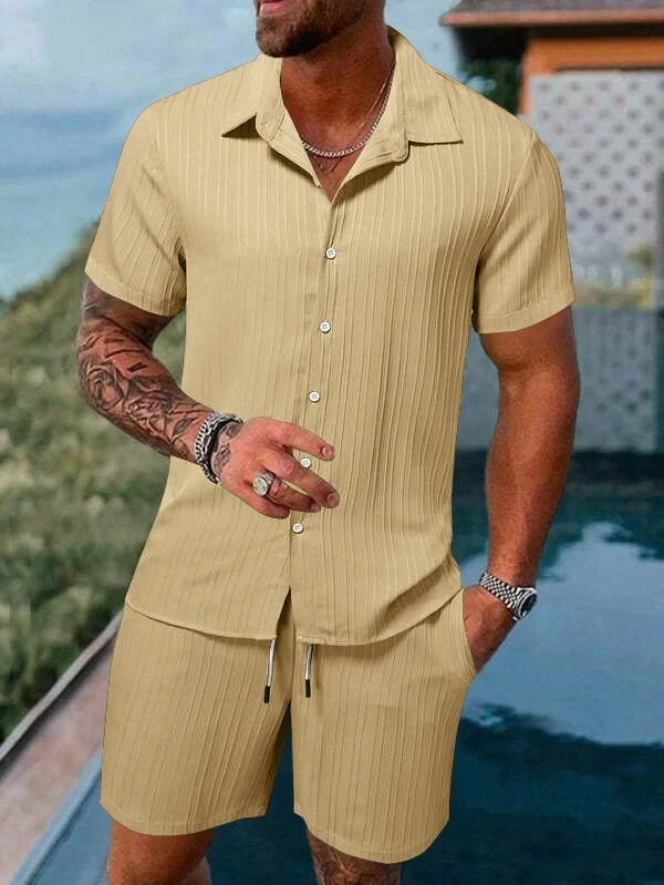 Conjunto de camisa con estampado 3d para hombre, camisa informal de manga corta a rayas lisas, pantalones cortos de playa de gran tamaño, ropa de