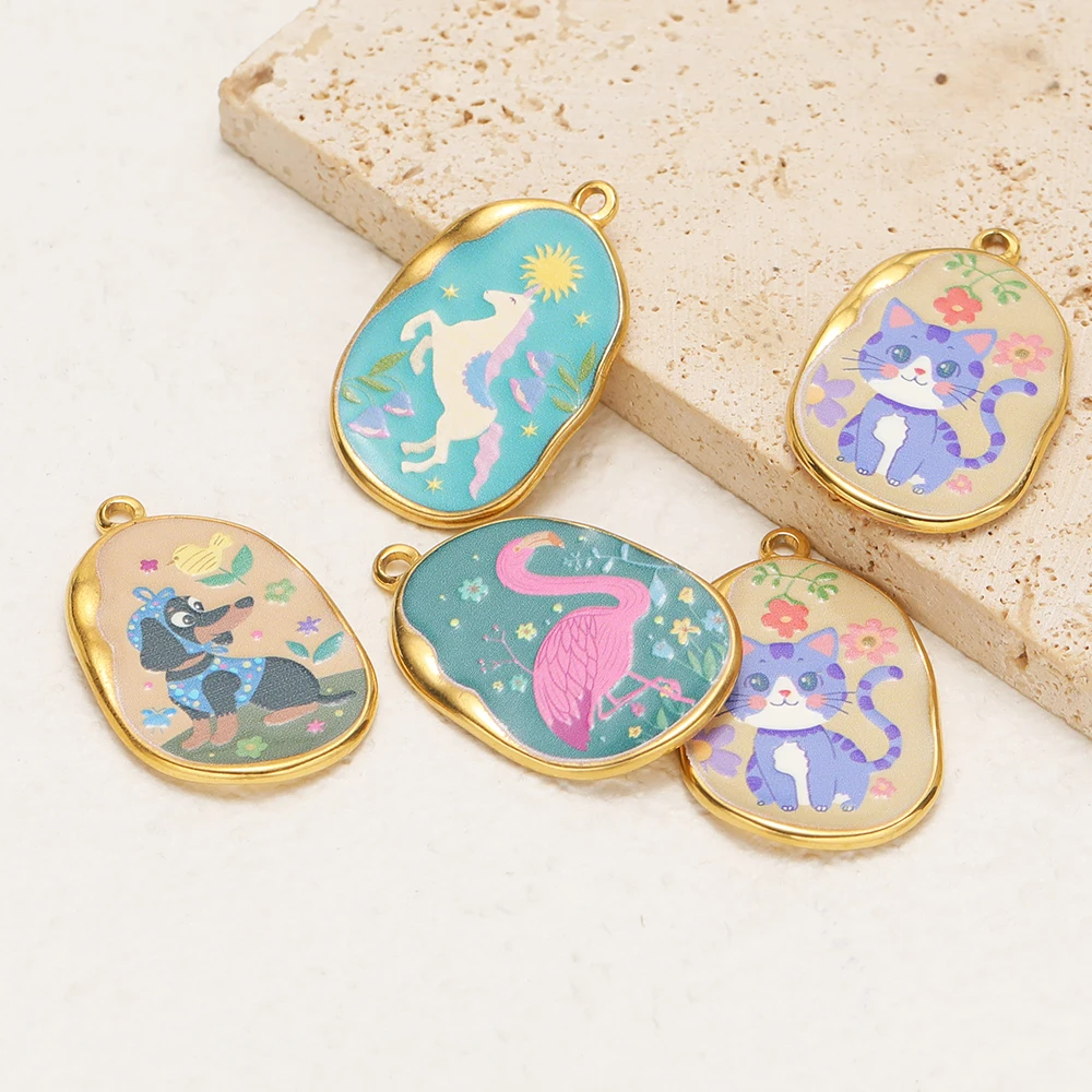 4 Stück Edelstahl-Emaille-Anhänger mit niedlichen Hunden und Katzen, Flamingo-Anhänger, DIY-Schmuckzubehör für Kinder, Halsketten und Ohrringe für Mädchen. – Detail 4