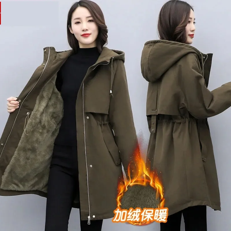 Women's Coat 2025 New Winter New Tooling Drawstring Plush Thick Hooded Coat Female Warm Parka Jacket Lady Casual Long Overcoat