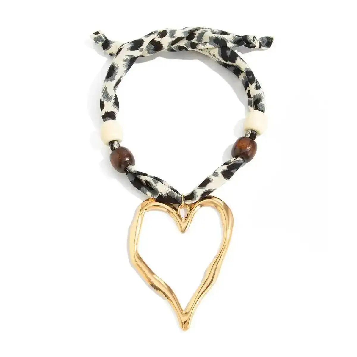 KunJoe 2 Styles Fashion Hollow Big Love Heart Pendant Necklace for Women Vintage Leopard Chiffon Wood Bead Choker Necklace Party