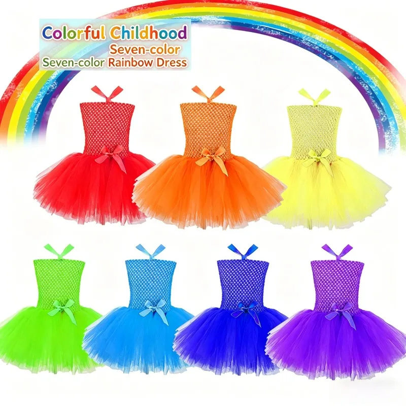 

Sweet Pastel Pink Rainbow Printed Dress Fluffy Mesh Skirt Apparel For Outdoor Photography Party Cosplay Holiday Stylish Outfit