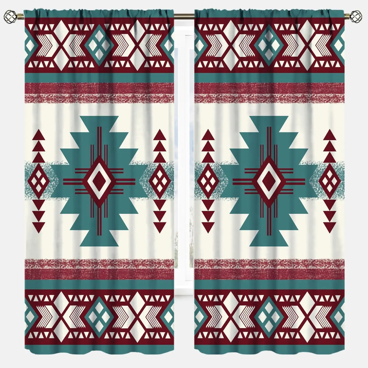 Western Tribal Pattern Curtains, Vintage Teal Maroon Aztec Triangle Diamond Geometric Drapes Rustic Country Home Interior Decor