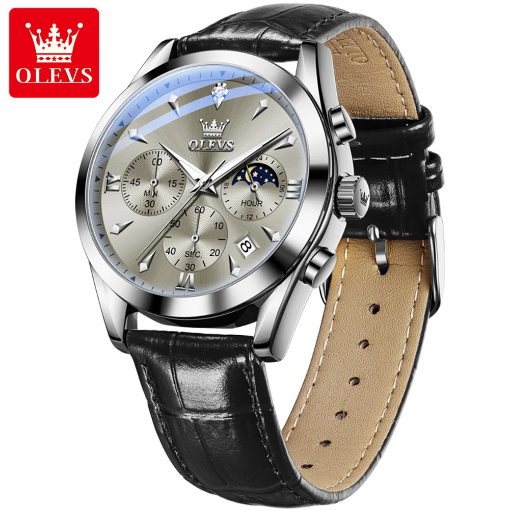 OLEVS Luxury Men\'s Watches Leather Strap Waterproof Luminous Chronograph Moon Phase Man Watch Top Original Quartz Watch for Men