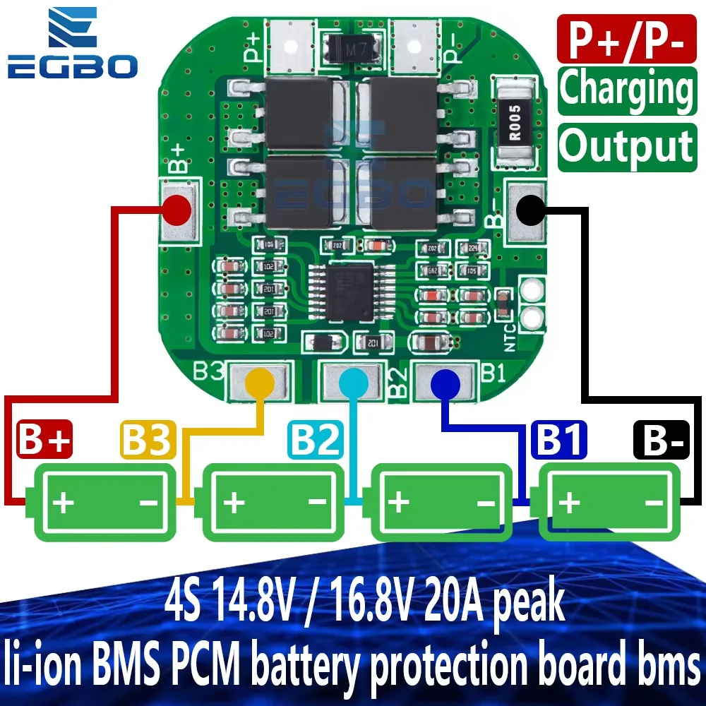 EGBO 4S 14.8V / 16.8V 20A peak li-ion 4 BMS PCM battery protection board bms pcm for lithium LicoO2 Limn2O4 18650 li battery