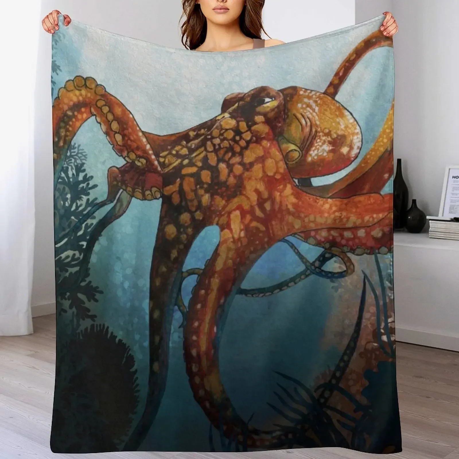 Octopus in the Coral Reef Throw Blanket Easy Care Comfortable Blanket for Couch