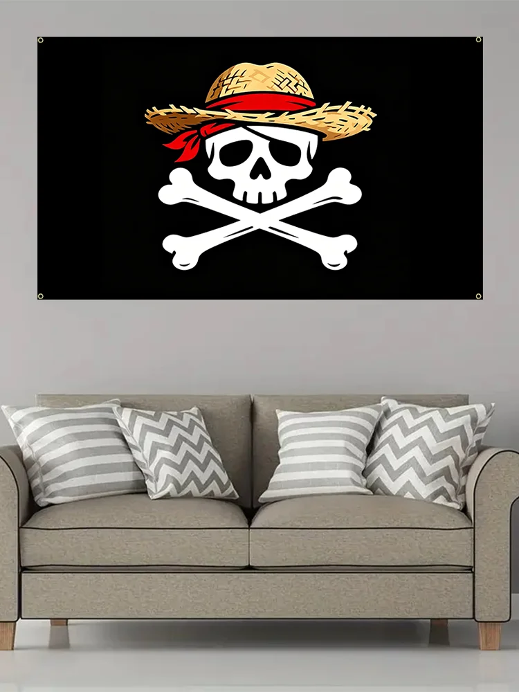 Straw Hat Pirate Skull Flag Banner for Wall Decor, Black Jolly Roger with Eye Patch, Cool Gift for Outdoor Decor