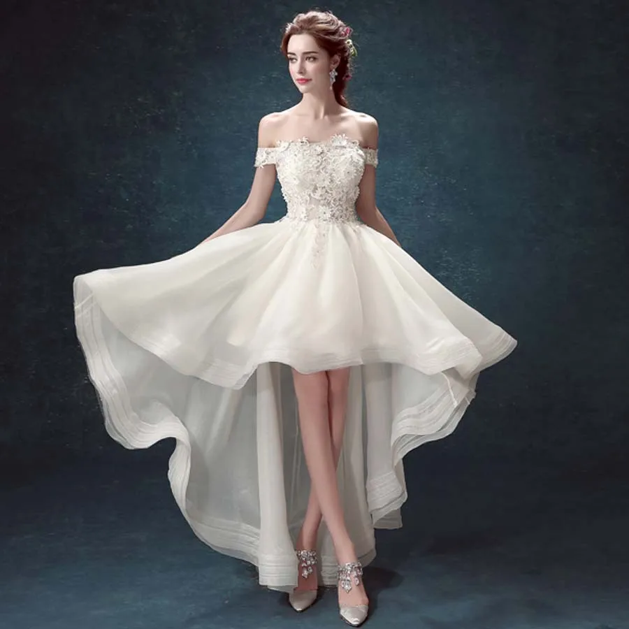 VENSANAC Customized Crystal Boat Neck Ruffle High Low Wedding Dress Off The Shoulder Lace Appliques Bridal Gown Prom Party Dress