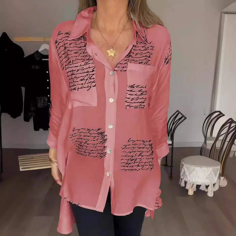 Women White Shirt Print Tops Turn Down Collar Sexy Loose Elegant Blouses Single Breasted Shirts Full Sleeve Splice Y2k Top 2024