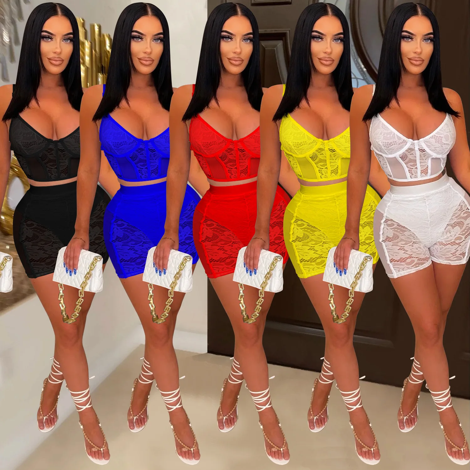 

Crop Tops Lace 2 Piece Pant Set Outfits Tracksuits 2023 Women Y2K Streetwear Summer Sexy Club Party Two Piece Set Shorts Pant