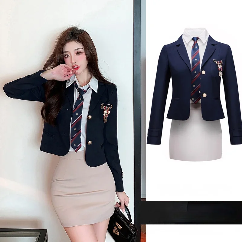 Preppy Dress Outfit Women British Japan fashion Jk Uniform Small Suit Outerwear Shirts Tie Half-Length Short dress Three-Piec...