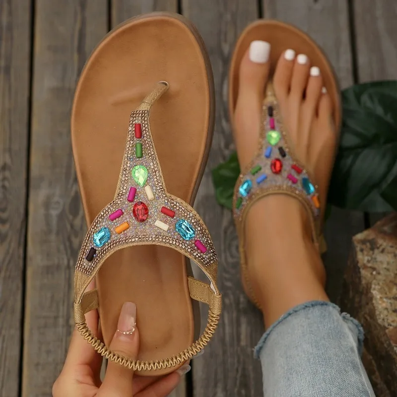 

Summer Bohemian Beaded Sandals for Women Slip on Comfort Clip Toe Rome Flat Heels Non Slip Beach Woman's Sandals Sandalias Mujer