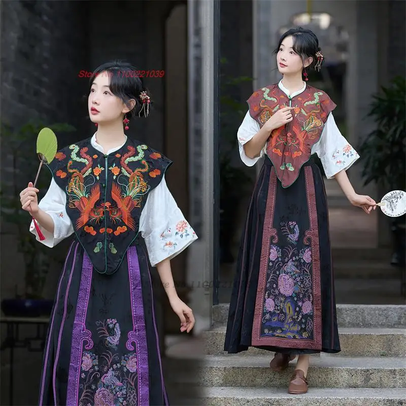 

2024 chinese ethnic shawl cloak cape national flower embroidery cape retro hanfu accessories oriental vintage sleeveless jacket