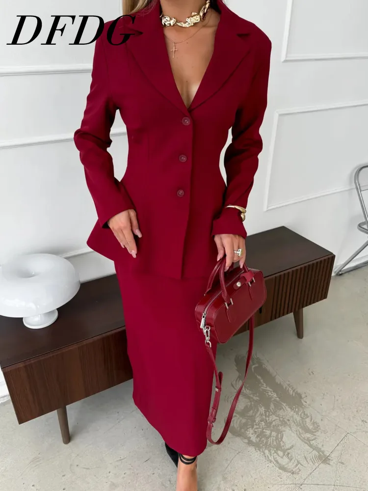 

DFDG Women 2026 Spring Two Piece Set Fitted Waist Blazer Long Sleeve Button Front High Waist Maxi Skirt Set Elegant Office Set