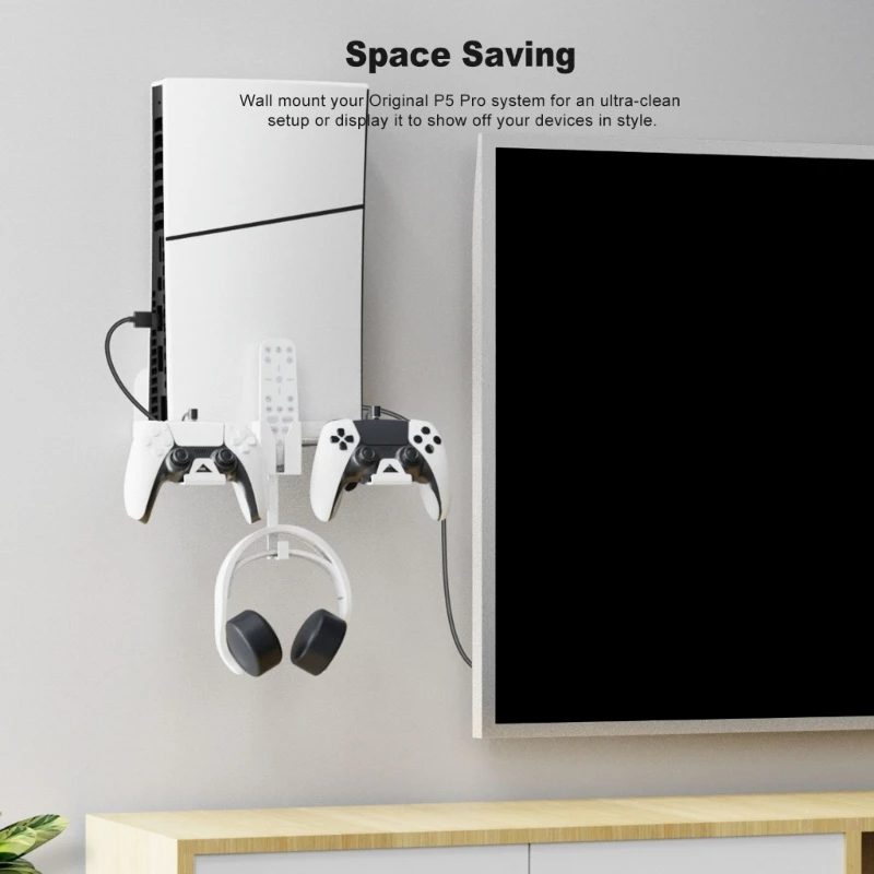 Wall Mount Holder for PS 5Slim with Charging Cable Controller Headphone Hanger Game Handle Bracket Host Support