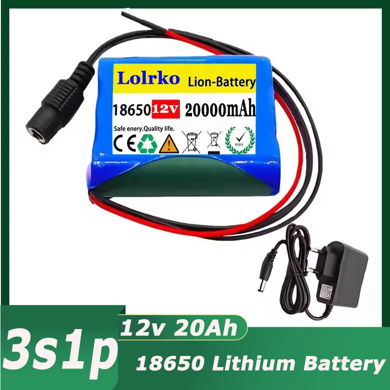 

100% New 3S1P Protection Plate12V 20Ah Battery Pack 12V 20000mAh 18650 Lithium ion DC 12.6V Super Rechargeable Battery + Charger