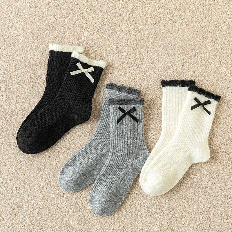 3 Pairs a Lot Winter Girls Bow In Tube Socks 2-12T Sweet Color Blocking Kids Socks Warm Thicken Children Knee-high Sock