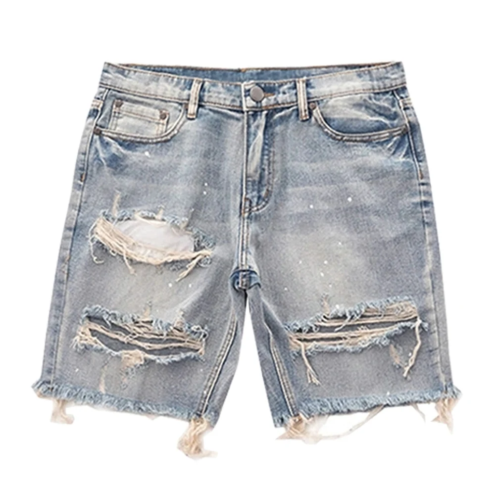 Destruído Denim Shorts angustiado dos homens, Jeans rasgado, Big Hole