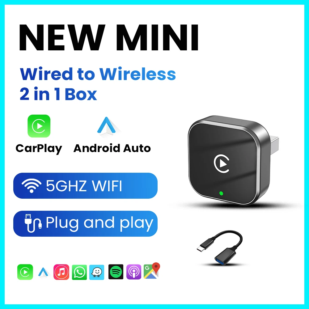 PLAYAIBOX Draadloze 2IN1 CarPlay Android Auto Draadloze Supermini Box Adapter Plug En Play Dongle Bluetooth WiFi Snelle verbinding - afbeelding 1