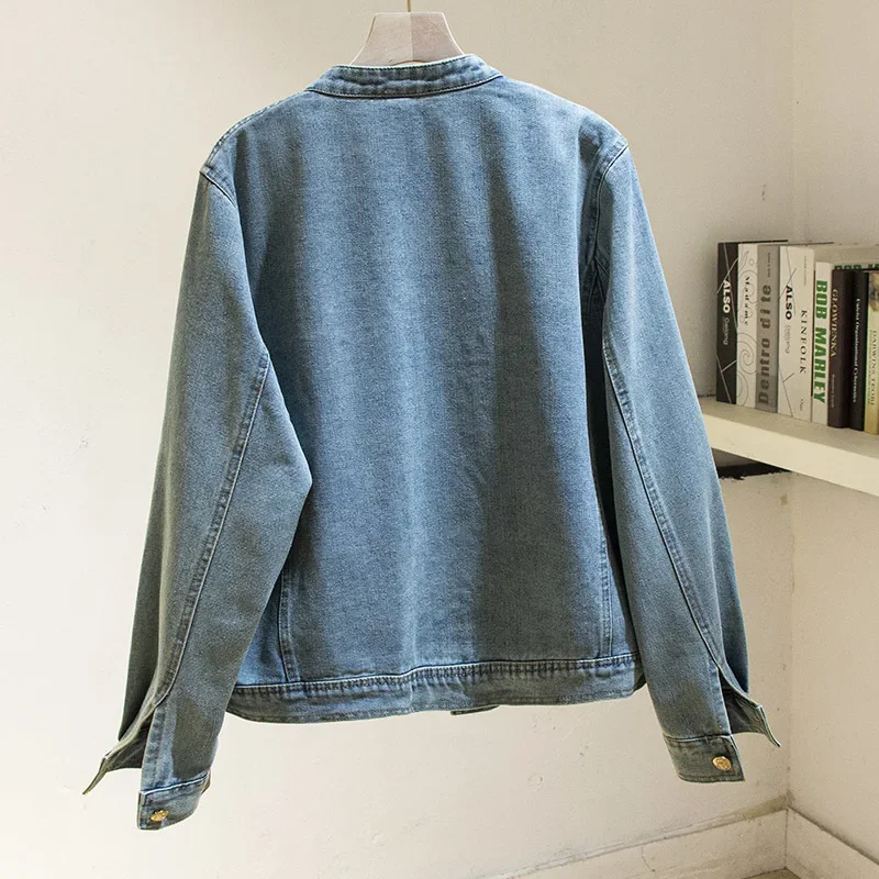 Vintage Blue Stand Collar Denim Jackets Women Loose Short Cowboy Outerwear Spring Autumn Long Sleeve Jeans Jacket Coat Female