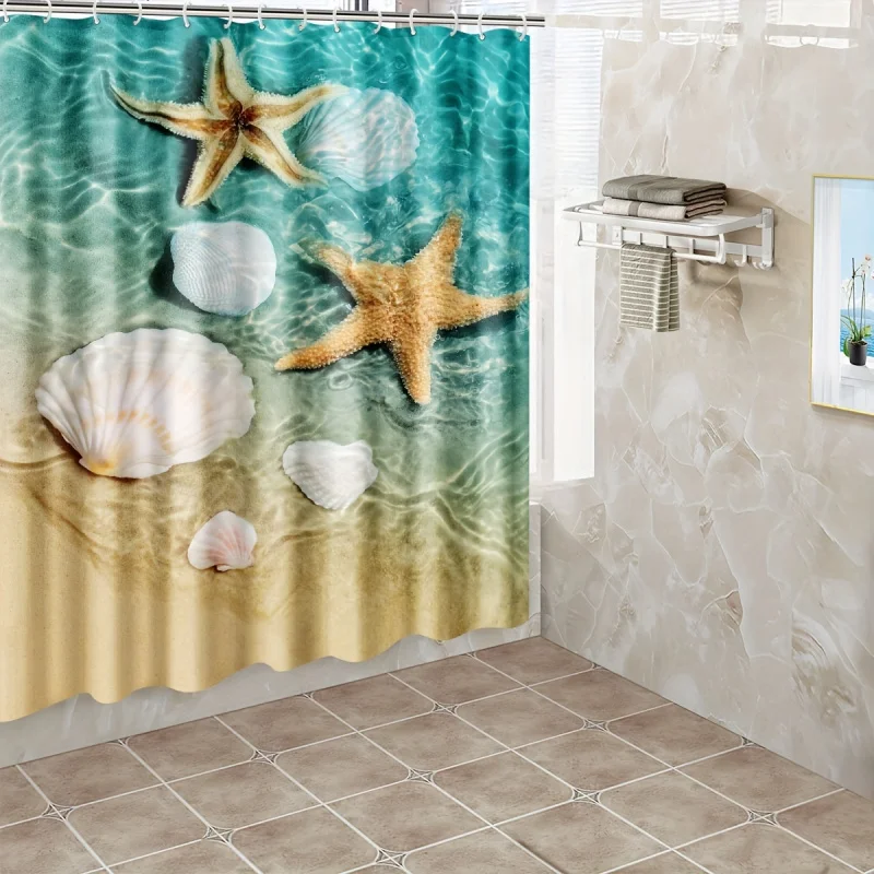 Coastal Beach Theme Shower Curtain with Starfish and Shells Print, Durable Polyester Bath Divider, Machine Washable, Includes Ho