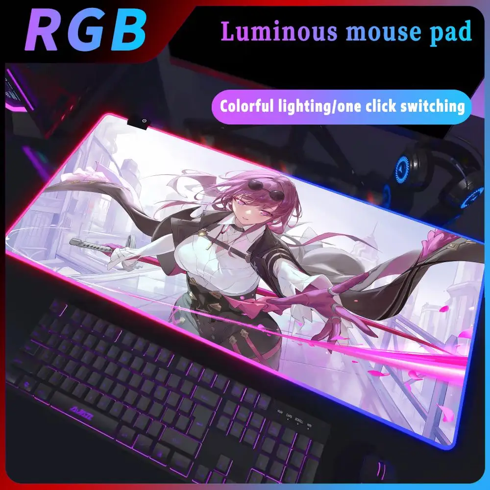 Imagem -02 - Backlight Honkai Impact Kafka Gaming Mouse Pad Tabela Gamer Rgb Deskmat Teclado pc Tapete Completo Escritório Xxl Company Mat 400x900