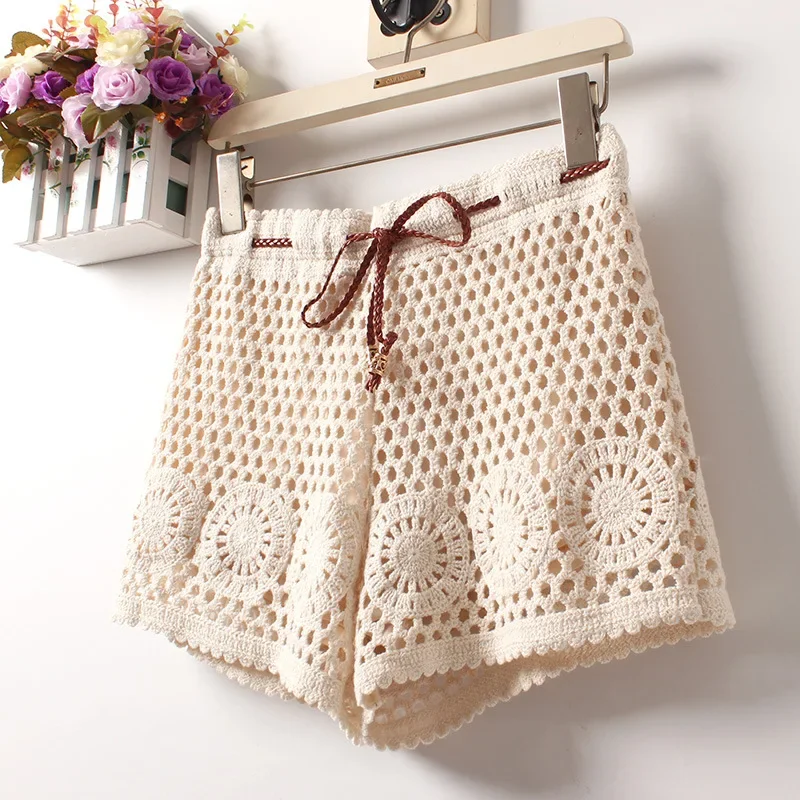 

Female Summer Beach Cottage Cotton Yarn Crochet Hook Eyelet Shorts Women Bohemian Boho Gypsy Ethnic Tribal Hippie Ibiza Short