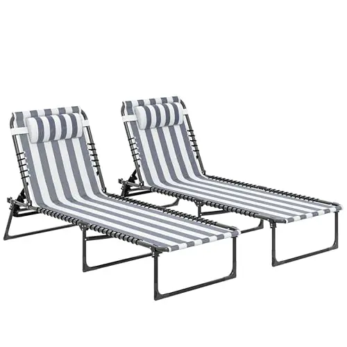 Folding Chaise Lounge Chair Outdoor Set of 2 Mesh Seat Blue/White | Foldable, Sun Tanning Chair, Chaise Lounger
