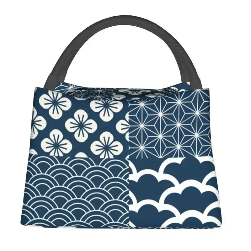 Japanese Indigo Insulated Lunch Bag for Women Leakproof Kimono Pattern Thermal Cooler Bento Box Office Picnic Travel