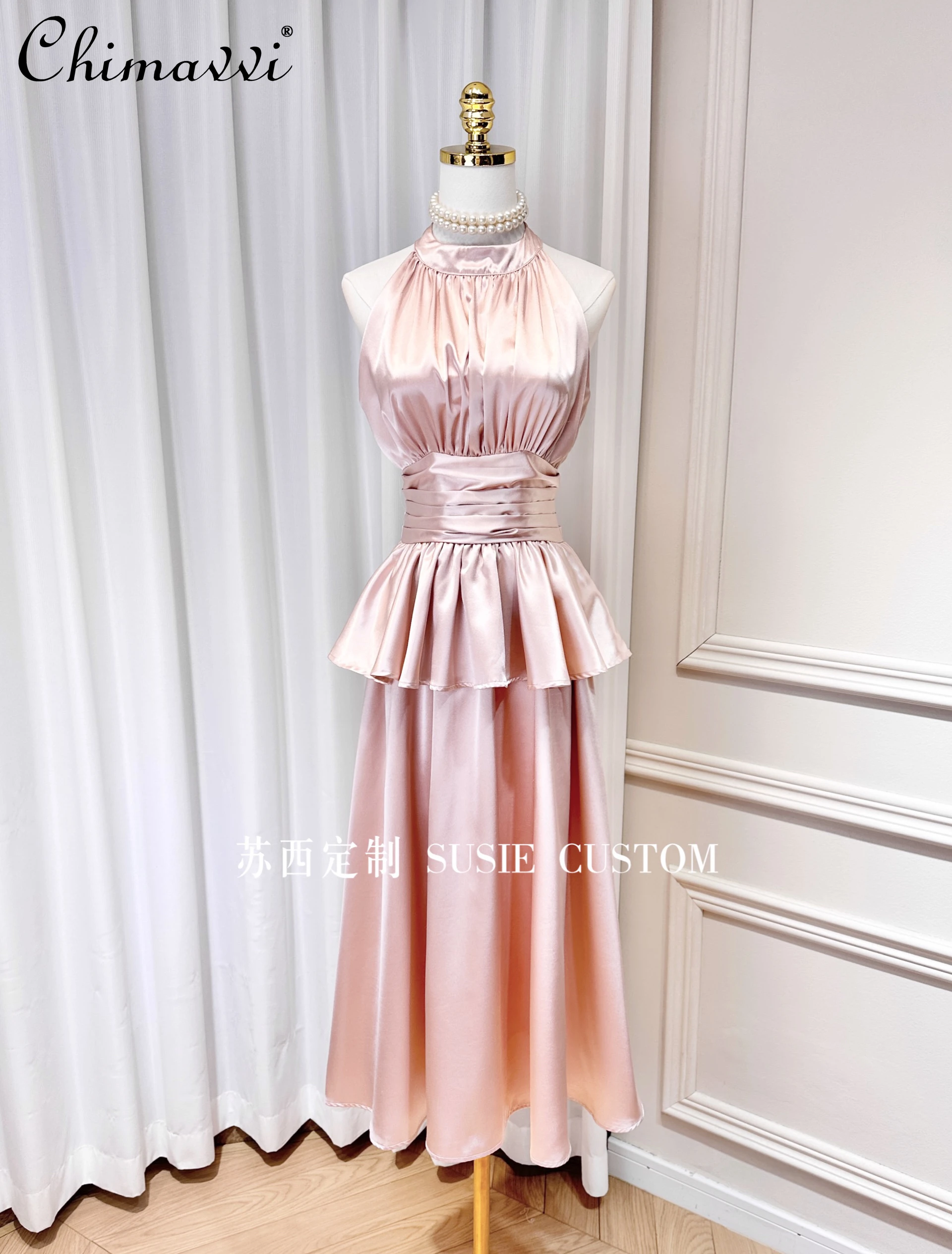 

French Gentle Temperament Halter Off Shoulder Pleated Ruffle Splicing High Waist Slim Fit A-line Pink Evening Long Dress Women