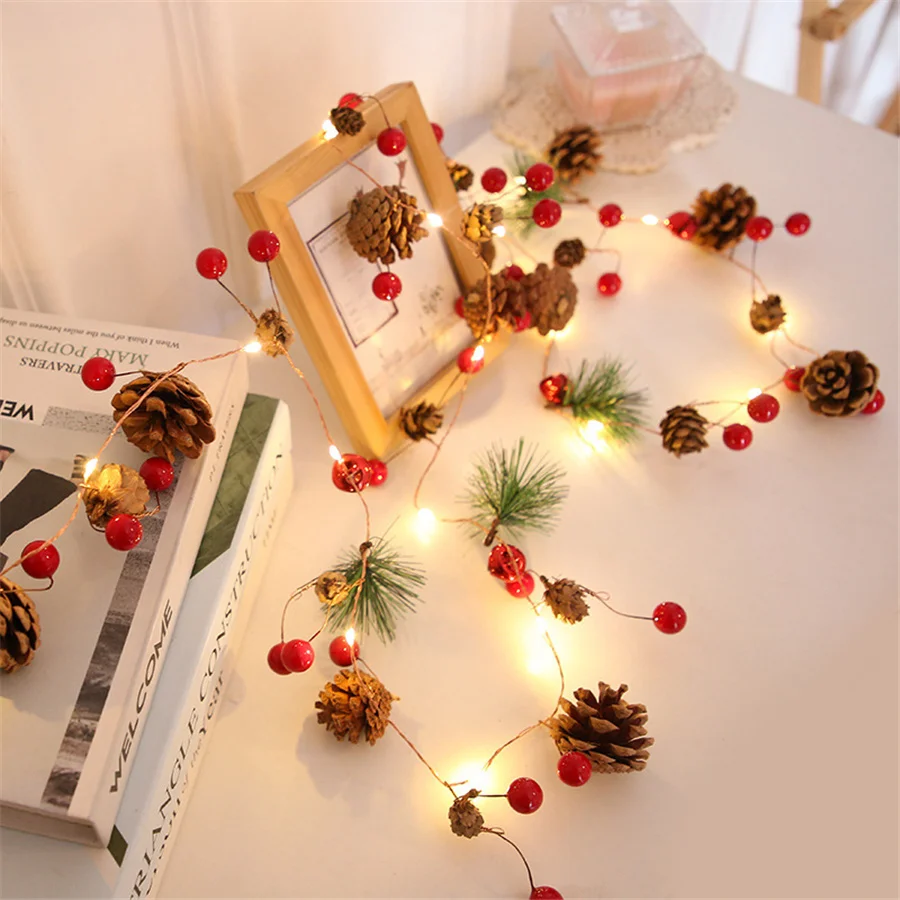 Creative LED Pinecone Christmas String Lights Battery Operated Berry Bell Garland Fairy Lights for Xmas Tree Wedding Party Decor