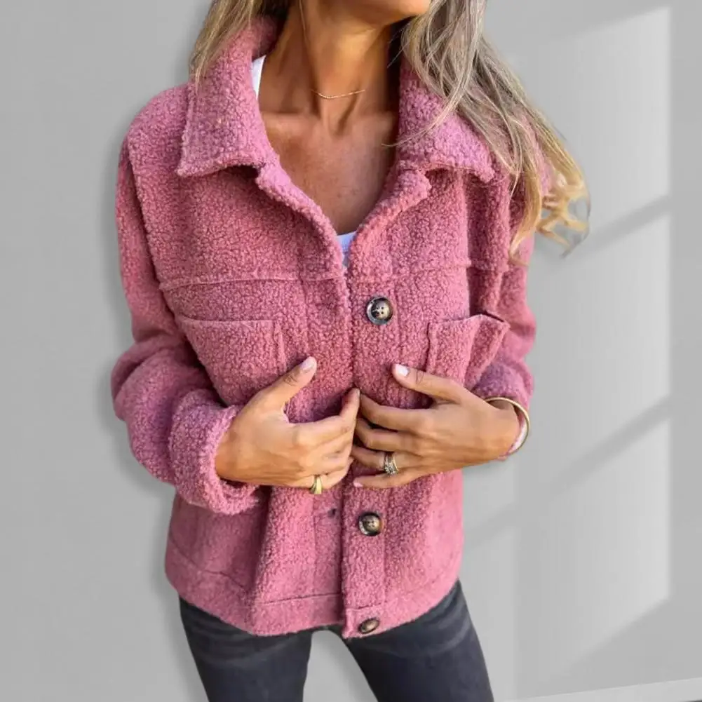 Winter Women Jacket Thick Fleece Button Closure Cardigan Coat With Double Pocket Windproof Long Sleeves Heat Retention Outerwear